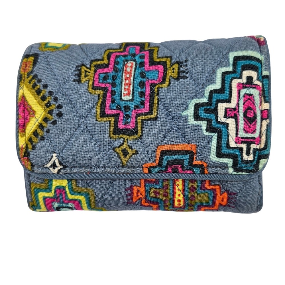 Vera Bradley Rio Squiggles Quilted Cotton Trifold Wallet Blue Multi Geometric